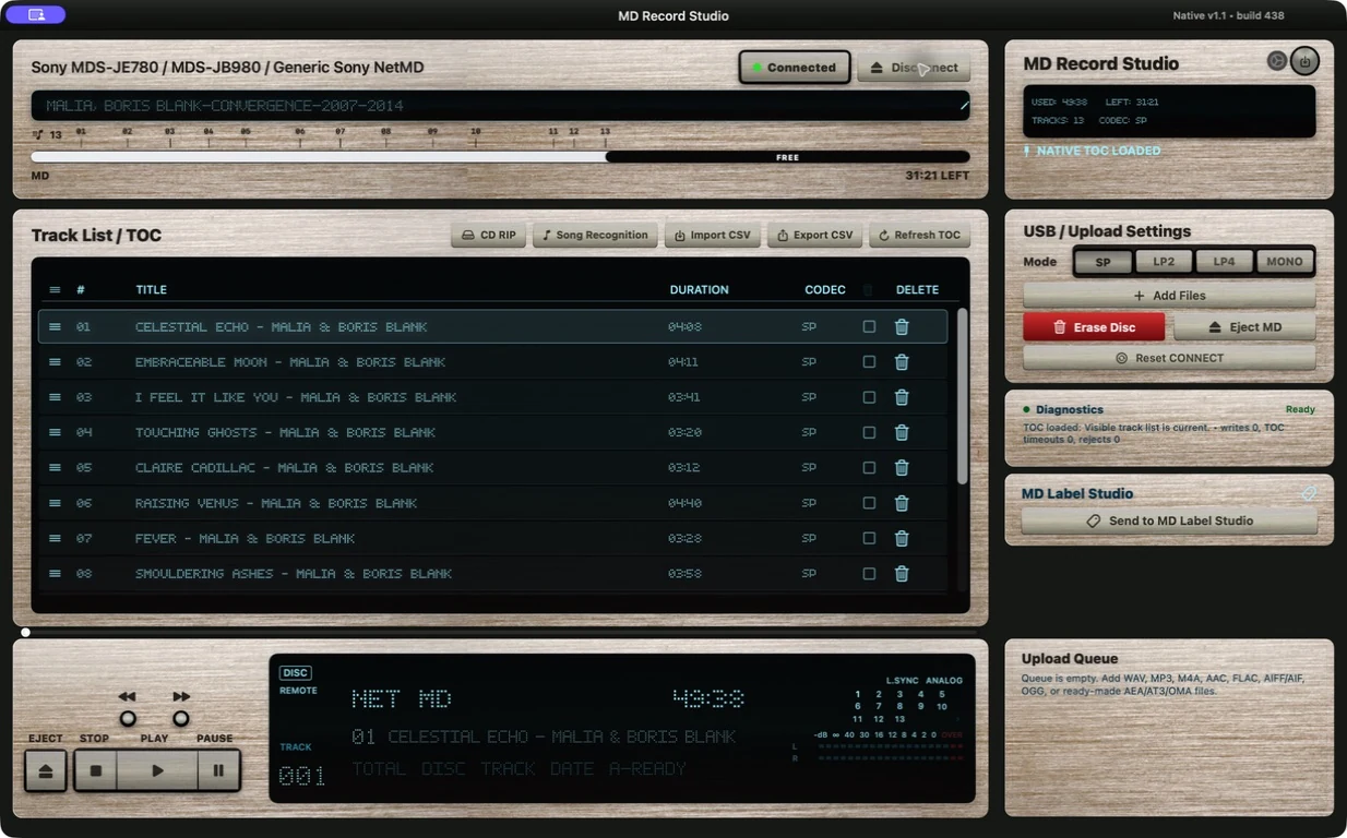 MD Record Studio connected to a 13-track MiniDisc