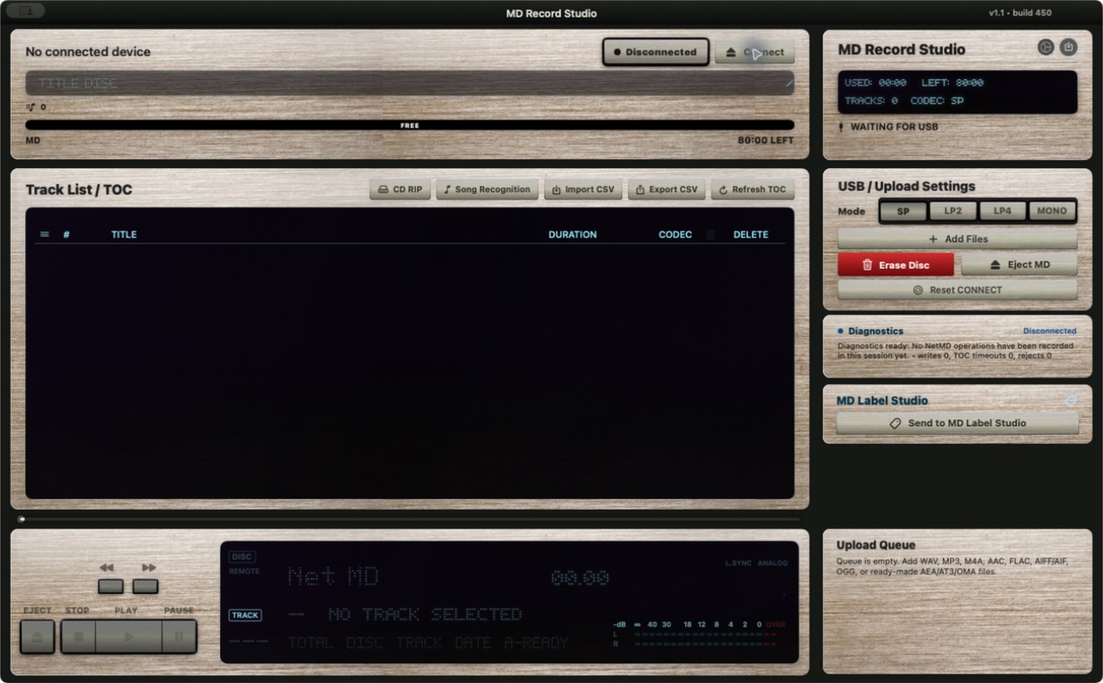 MD Record Studio main window disconnected
