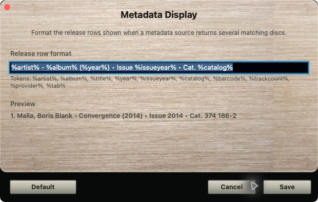 Metadata display format dialog