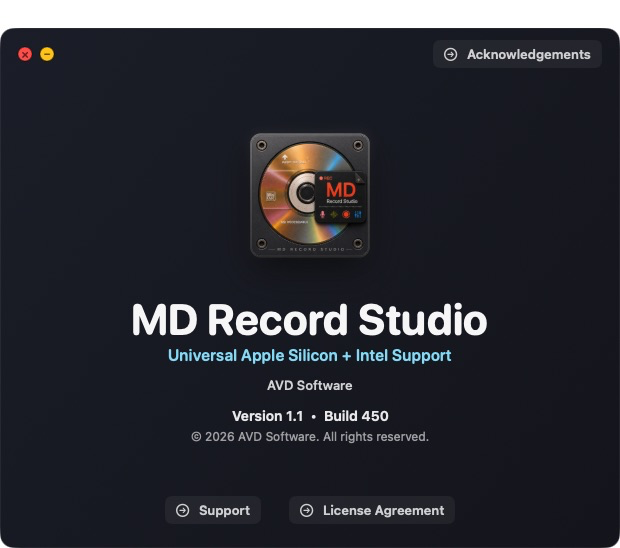MD Record Studio About window