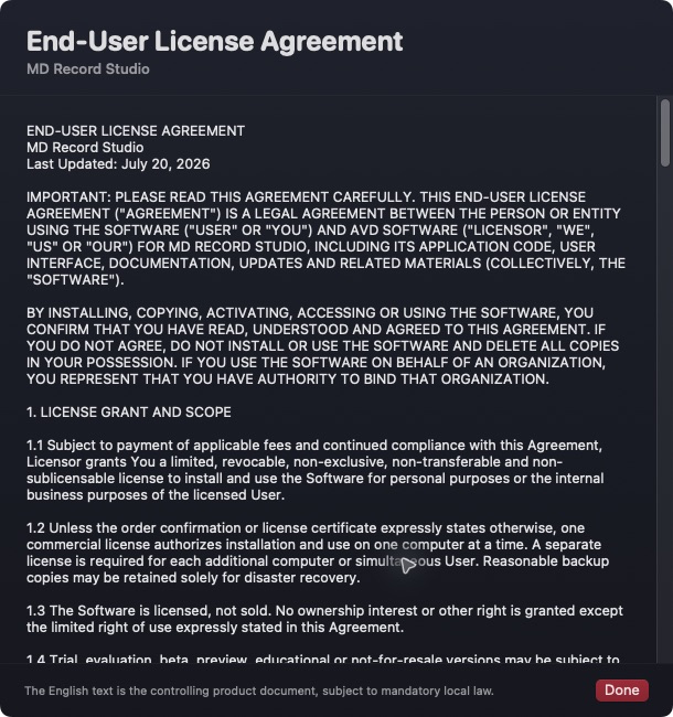 MD Record Studio licence agreement